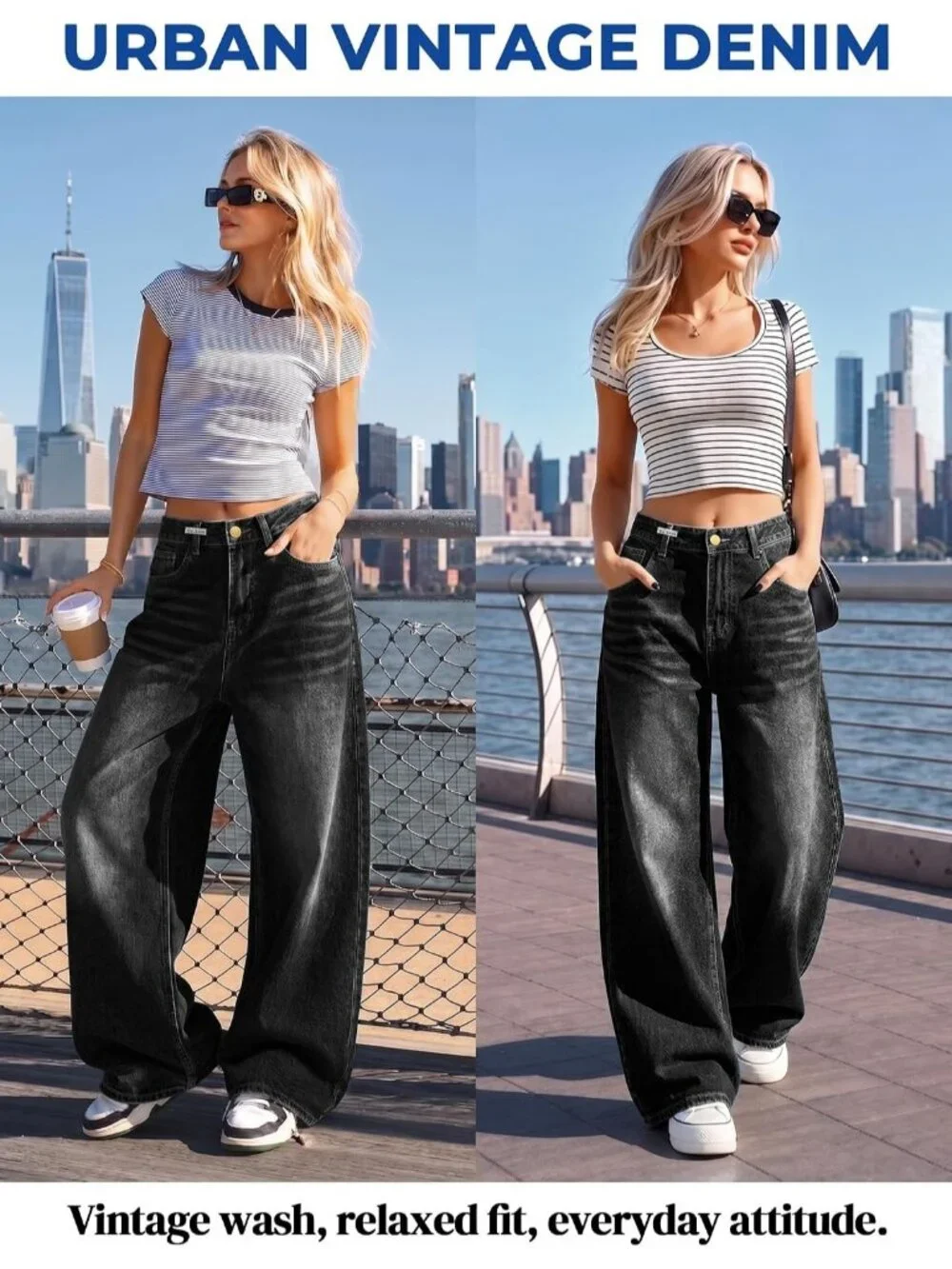 Women's Black Denim Y2k Straight Leg Button Zipper High Waisted Baggy Jeans